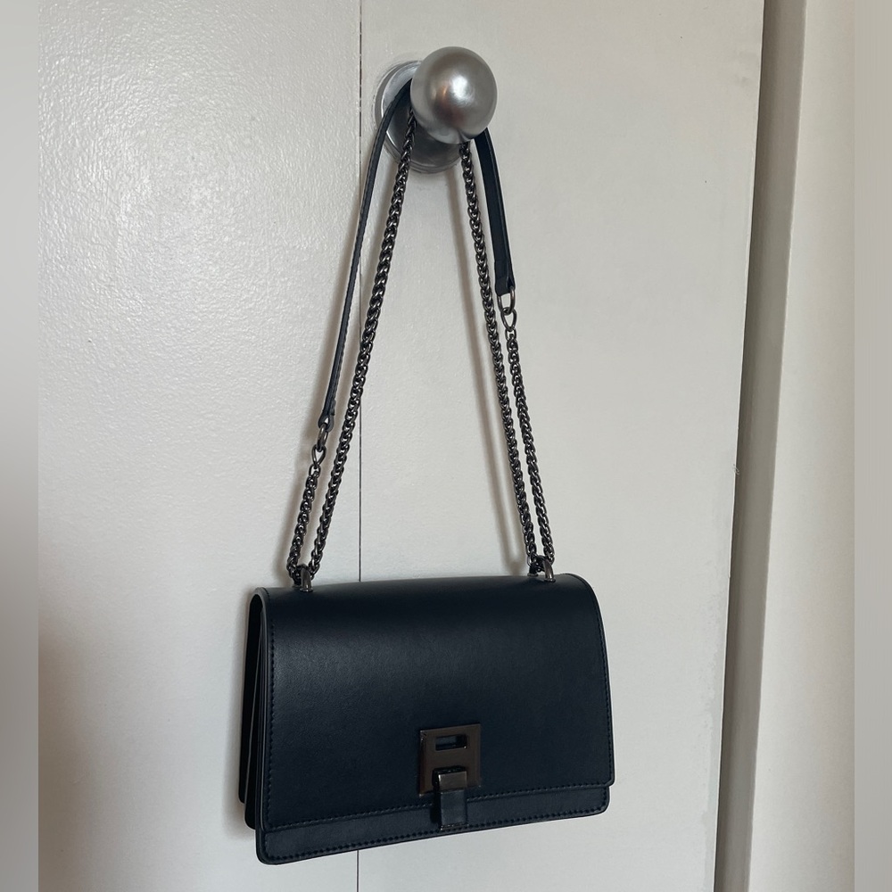 Black Leather Shoulder Bag with Chain Strap